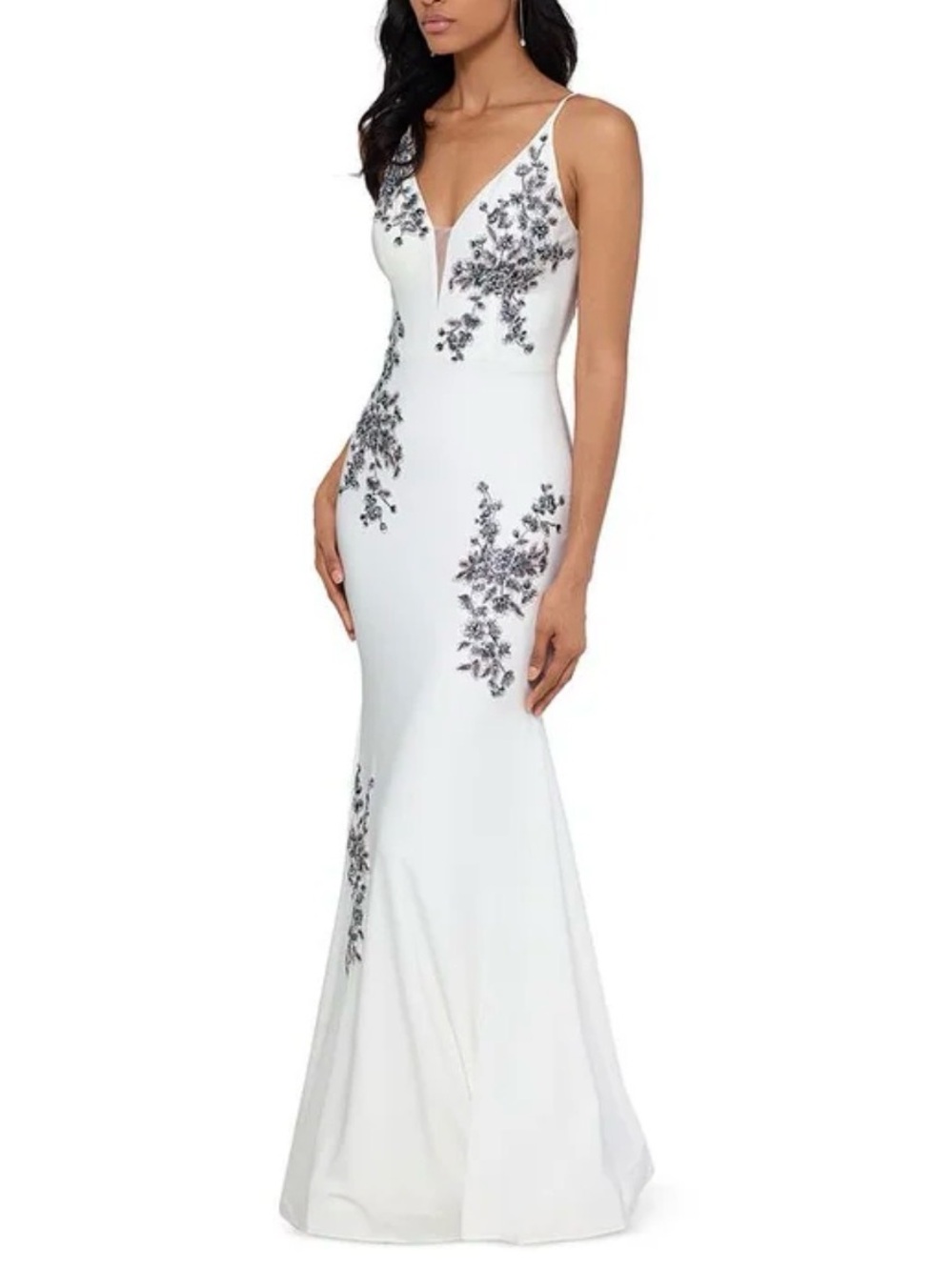 Xscape White Maxi Gown with Embroidered Floral Embellishment